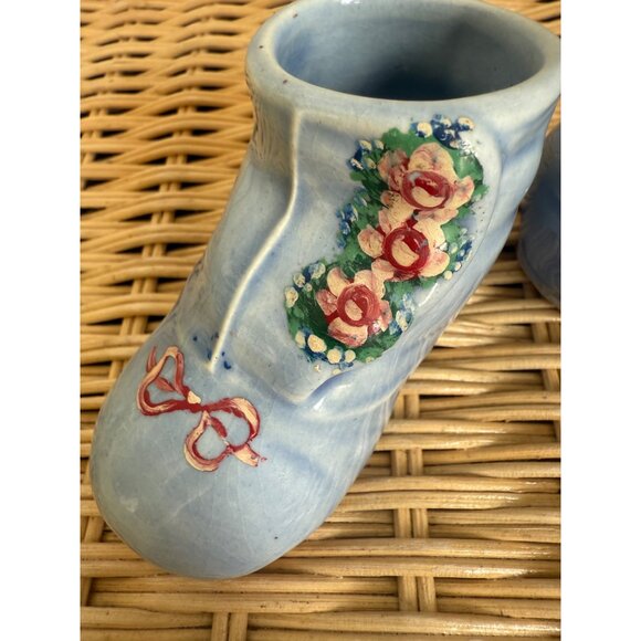 Vintage 50's Blue Shoe Pair Planter Vases Hand Painted Roses - Picture 4 of 13